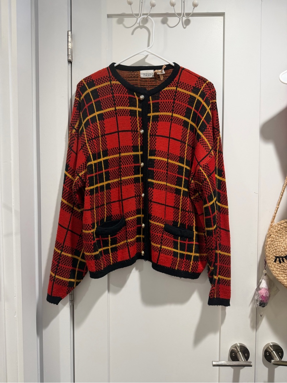Carriage Court Plaid Red Black Knit Cardigan